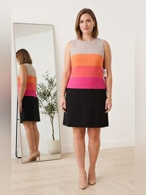 Calvin Klein Colorblock Sheath Dress Sleeveless Pink Orange Black. Size 14. NWT
